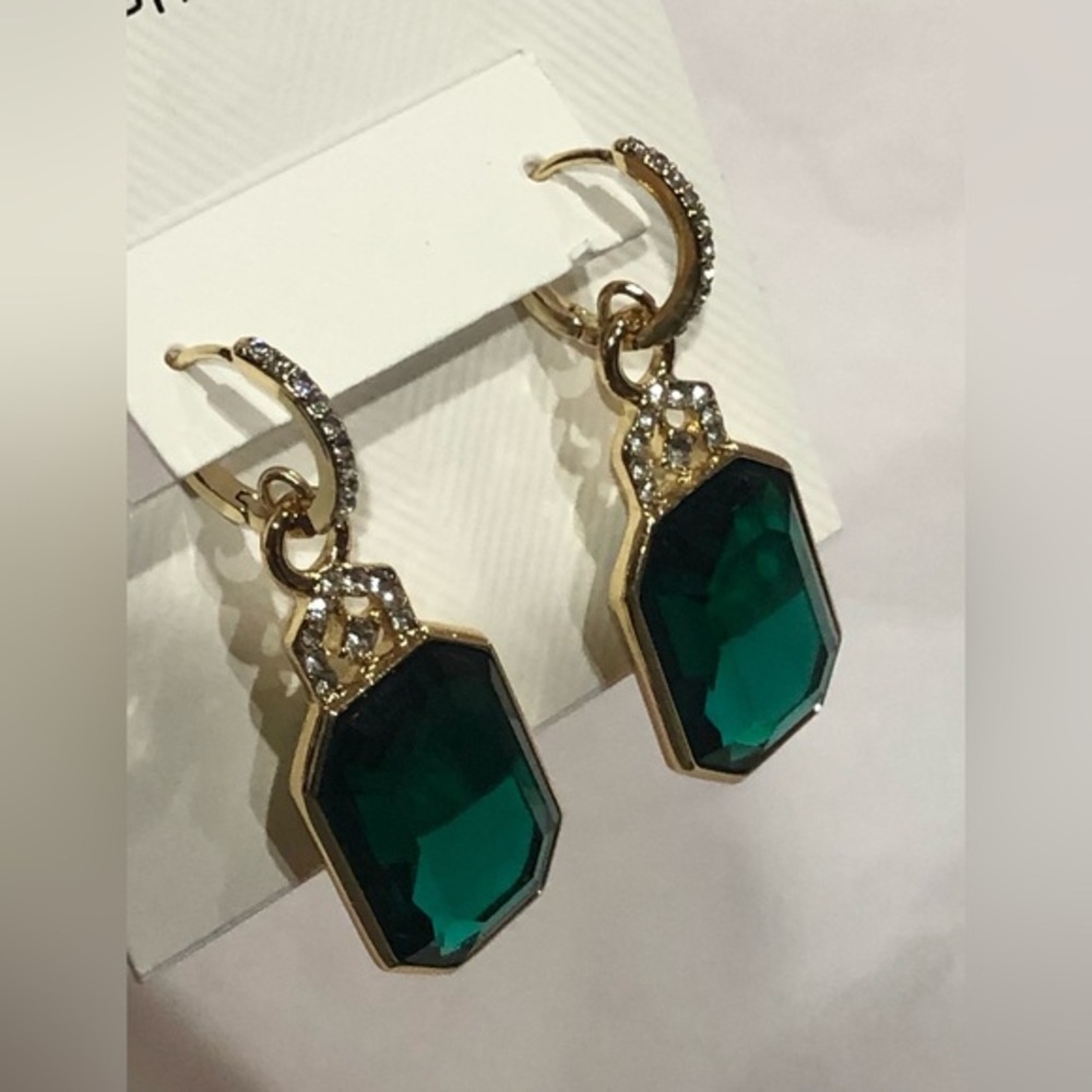 Lauren Ralph Lauren octagon shaped emerald green gemstone crystal pave earrings
